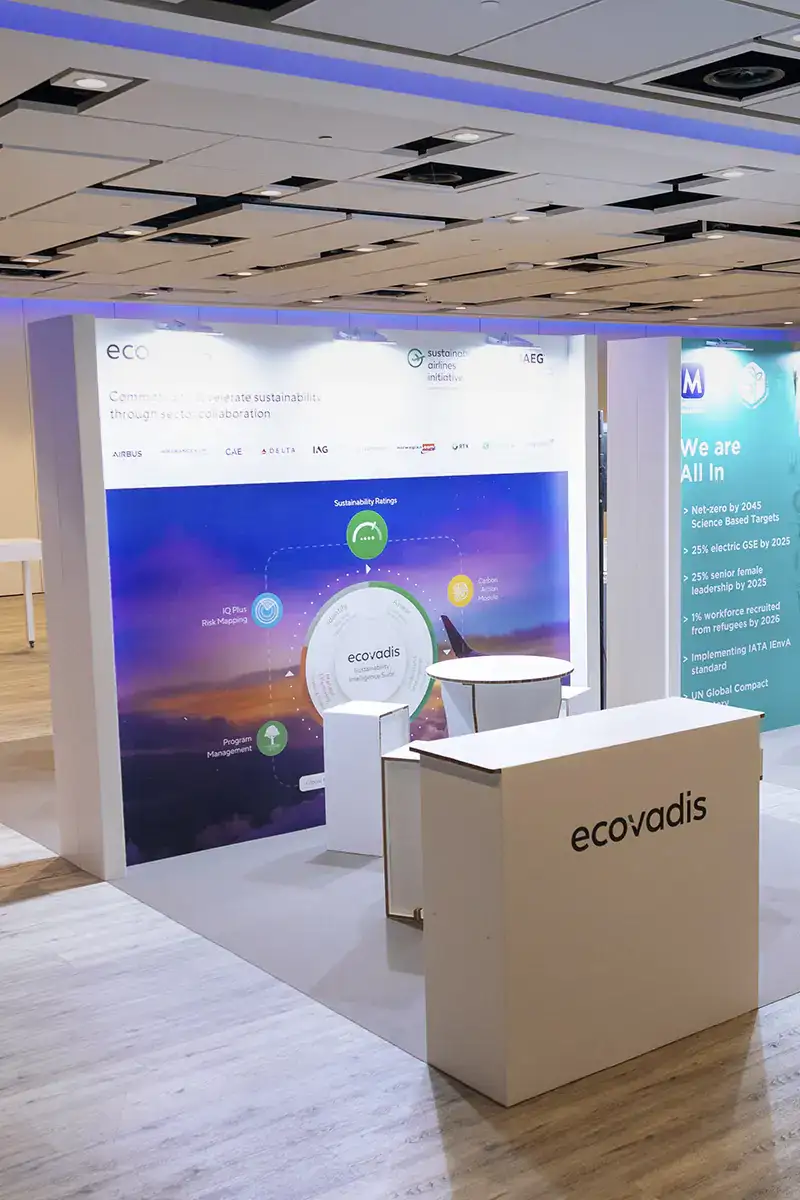 Stand sostenible con pared de fondo, laterales, mostrador y mesa en evento de IATA